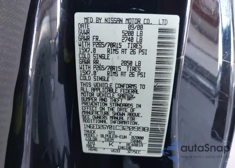 2001 Nissan Frontier Xe-V6 z USA, uszkodzony, nr VIN 1N6ED26Y01C320998